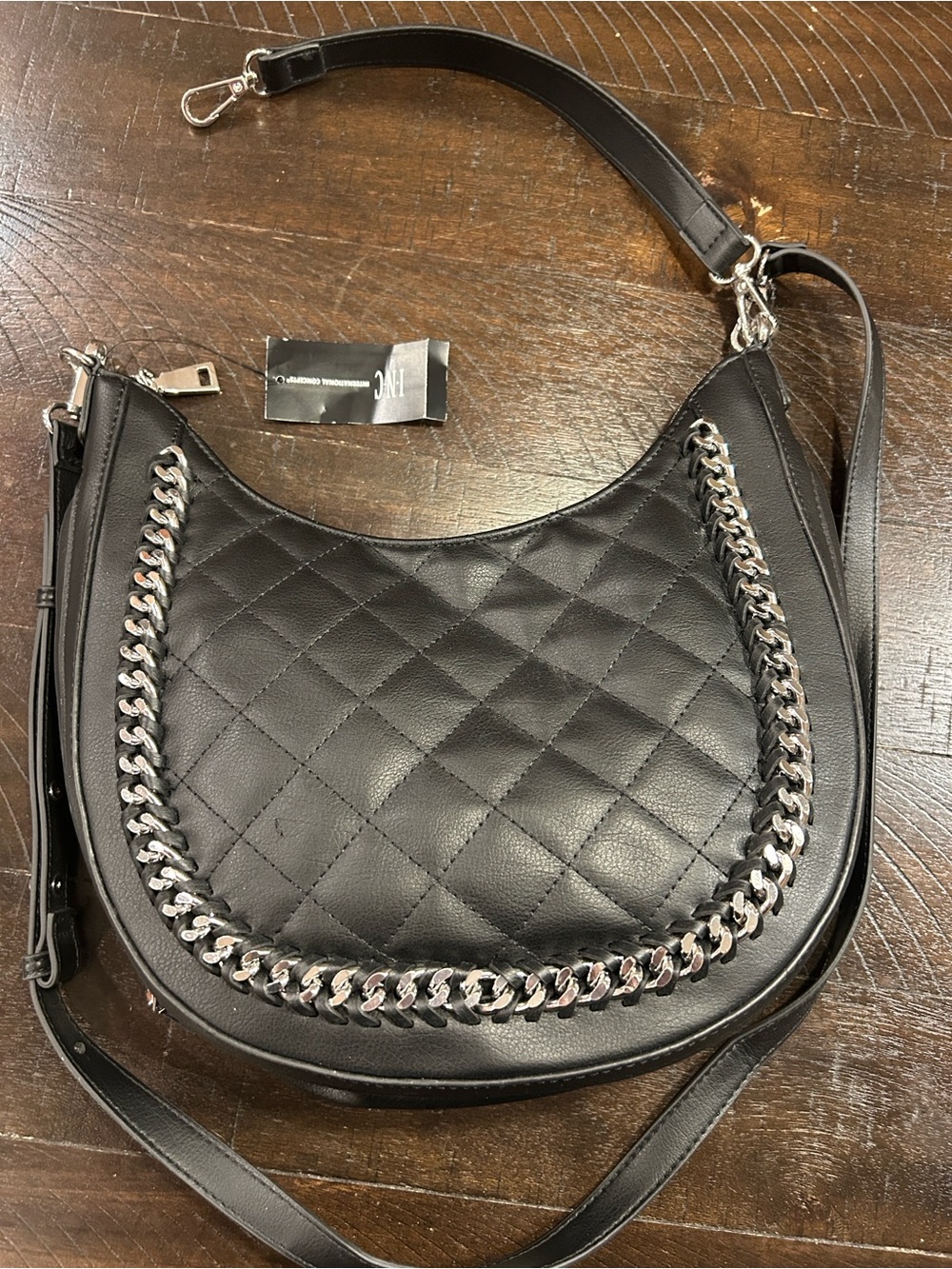 INC International Concepts Black Quilted Shoulder Bag with Silver Chain Trim